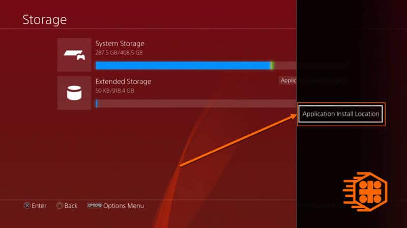 گزینه Application Install Location در منوی پلی استیشن 4 برای انتخاب فضای ذخیره ساز پیشفرض
