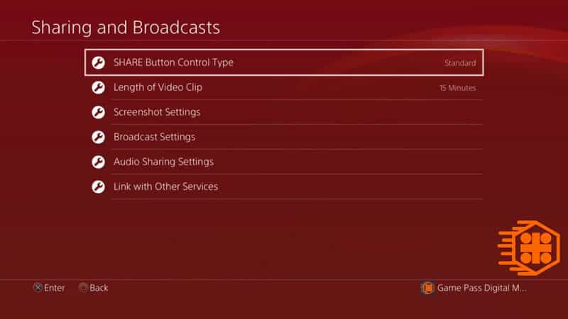 گزینه‌های موجود در تنظیمات منوی Share and Broadcast در پلی استیشن 4