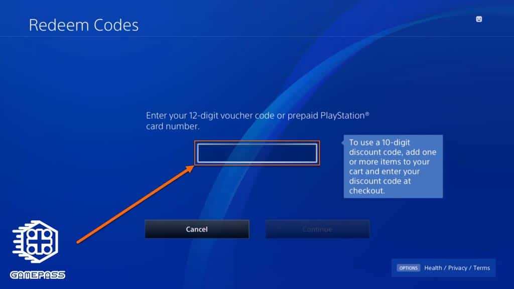 وارد کردن کد گیفت کارت پلی استیشن در فیلد مورد نظر از طریق کنسول