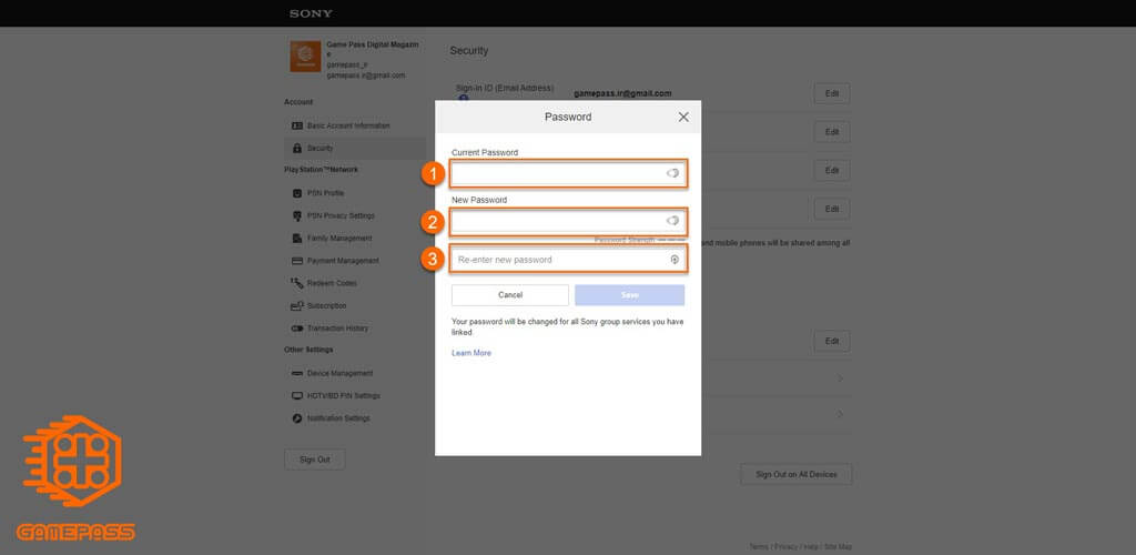 وارد کردن پسوورد فعلی و جدید در ناحیه کاربری اکانت پلی استیشن برای تغییر پسوورد