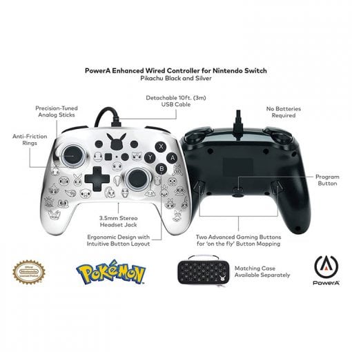 خرید کنترلر با سیم PowerA Enhanced مخصوص Nintendo Switch طرح Pikachu Black and Silver