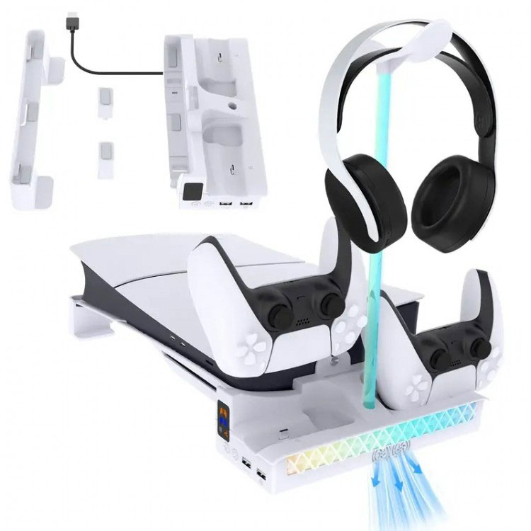 PGTECH-RGB-charging-stand-for-ps5-slim-pro-white-gallery01 خرید پایه شارژر افقی PGTECH RGB مناسب PS5 Slim سفید